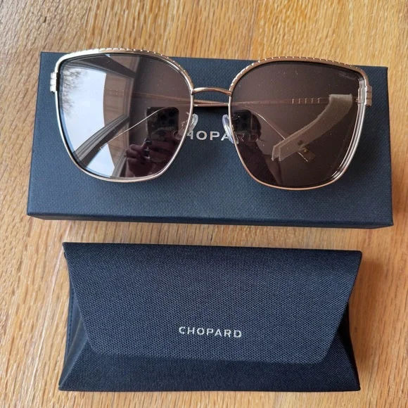 NWT Chopard Gold Butterfly Sunglasses Metal Frame Smoke Gradient Lenses - Picture 8 of 16